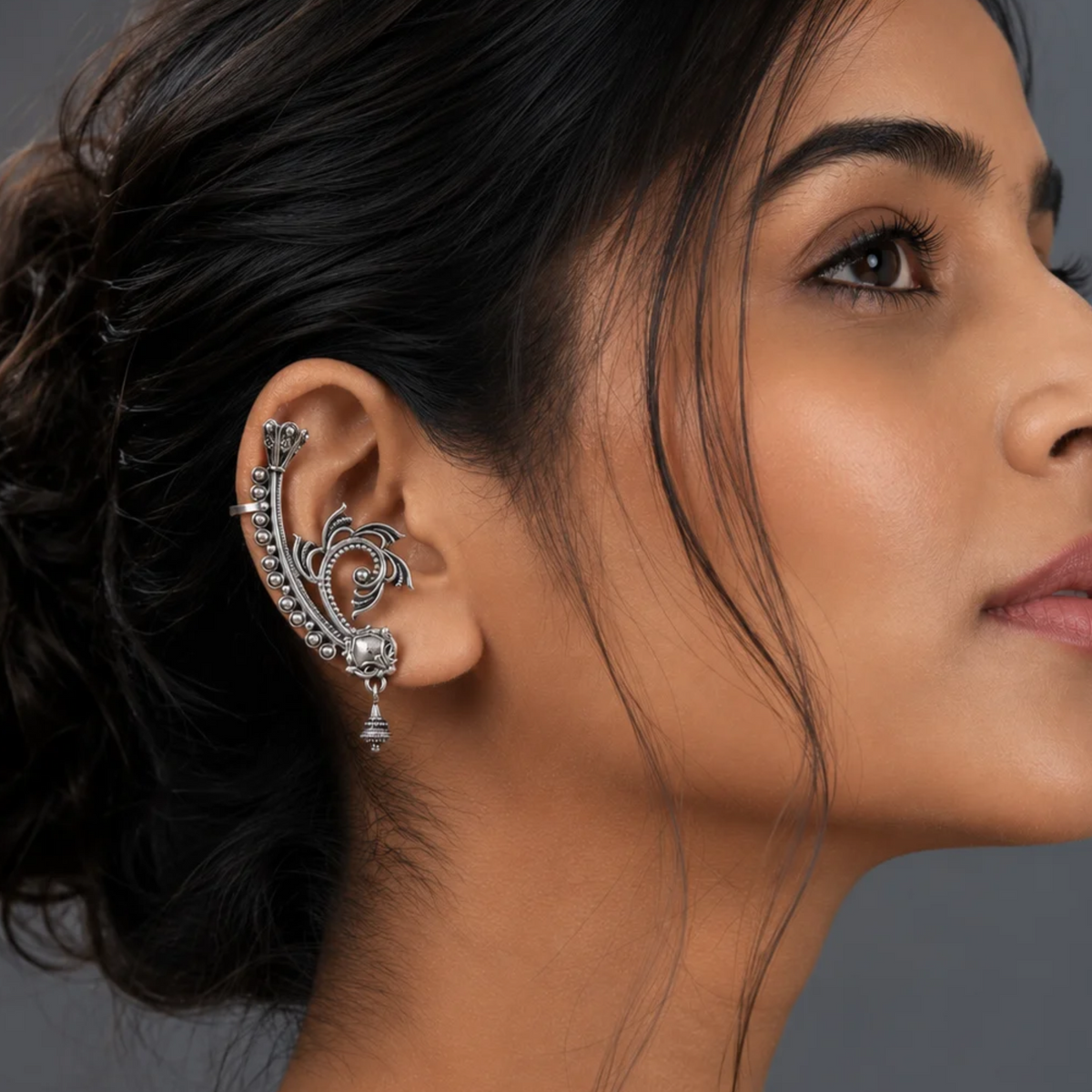 Oxidized Silver Filigree Leaf Ear Cuff with Dangle Accent