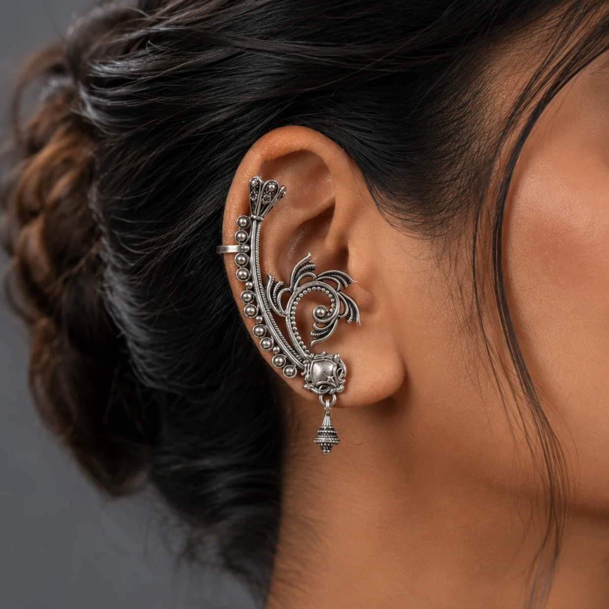 Oxidized Silver Filigree Leaf Ear Cuff with Dangle Accent