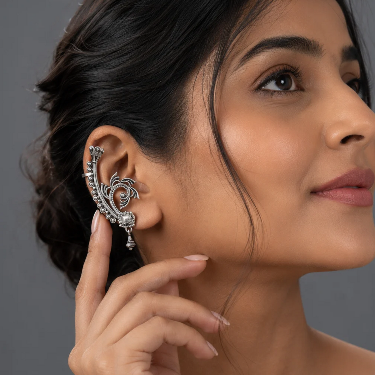 Oxidized Silver Filigree Leaf Ear Cuff with Dangle Accent