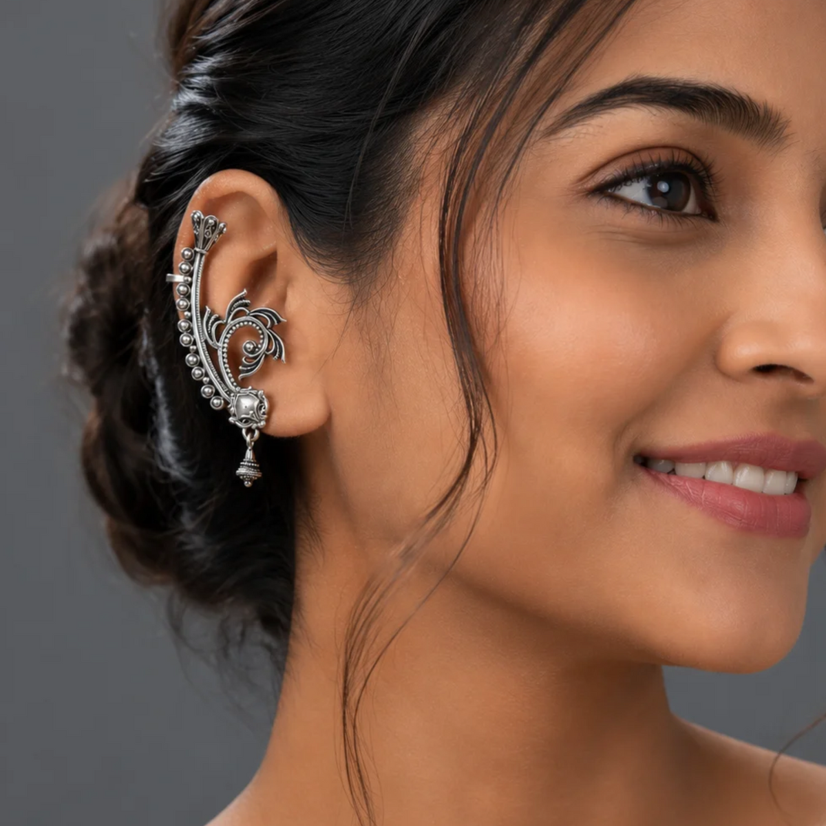 Oxidized Silver Filigree Leaf Ear Cuff with Dangle Accent