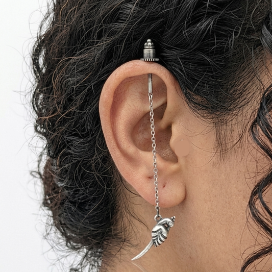 Oxidized Silver Bird Charm Helix Piercing | Industrial Barbell Chain Earring | Tribal Boho Cartilage Jewelry for Men & Women