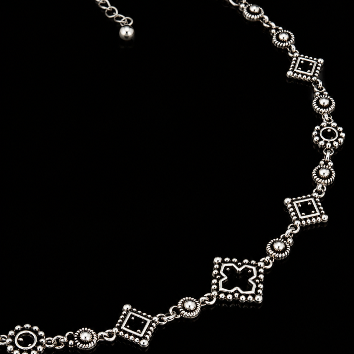 Ornate Silver Clover & Geometric Motif Choker Necklace