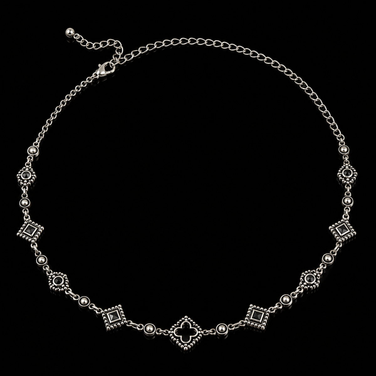 Ornate Silver Clover & Geometric Motif Choker Necklace