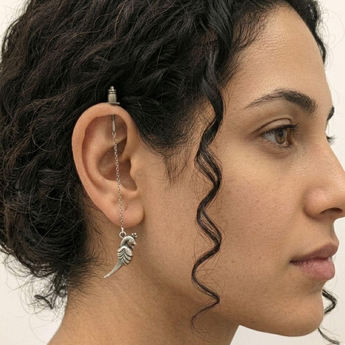 Oxidized Silver Bird Charm Helix Piercing | Industrial Barbell Chain Earring | Tribal Boho Cartilage Jewelry for Men & Women