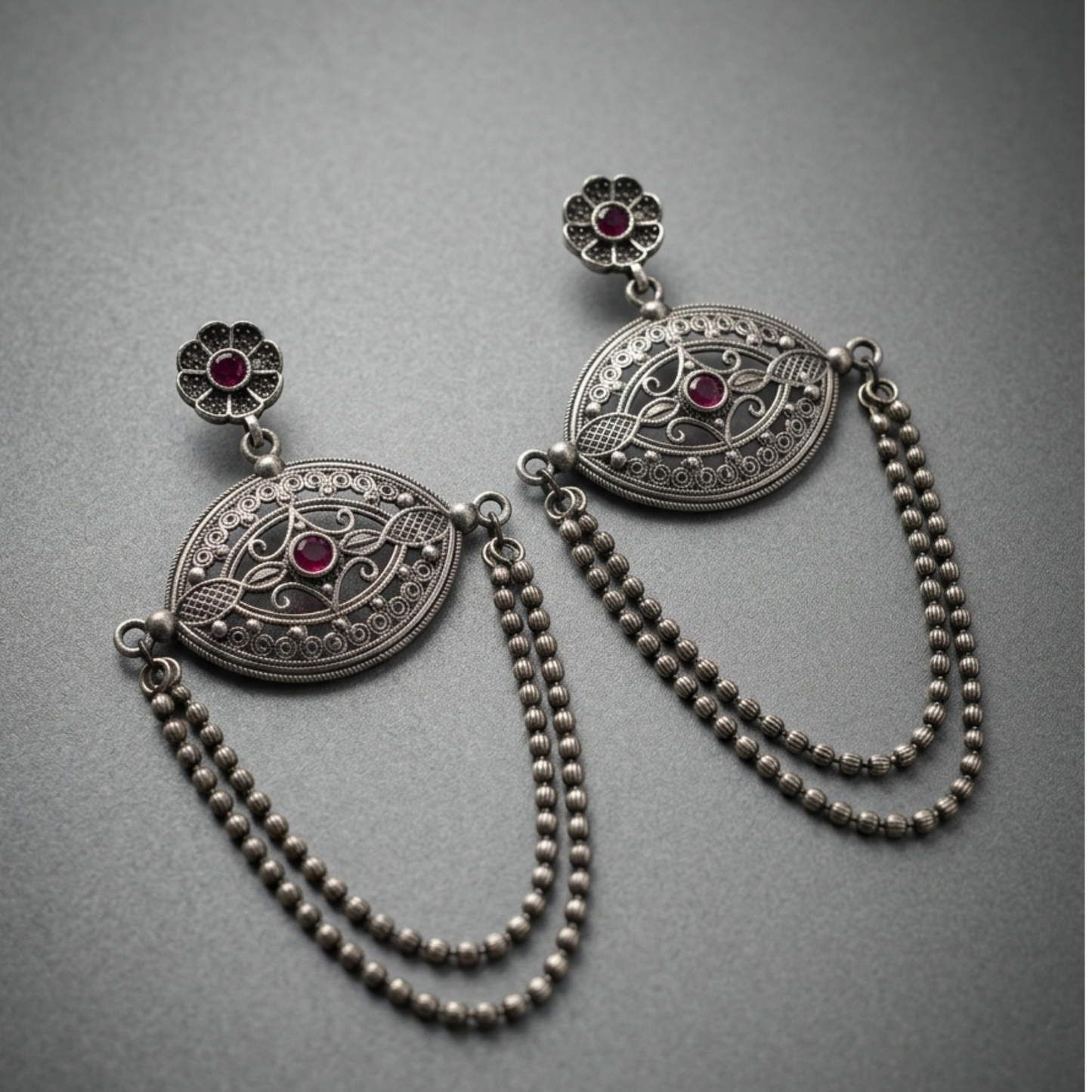 Antique Oxidized Silver Filigree Earrings with Ruby Accents & Double Beaded Chains | Bohemian Tribal Statement Jewelry