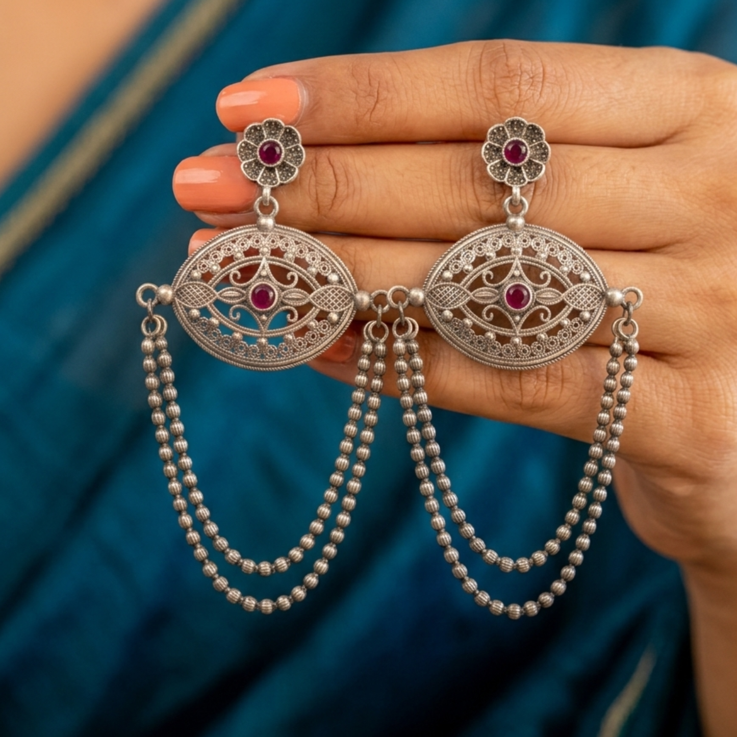 Antique Oxidized Silver Filigree Earrings with Ruby Accents & Double Beaded Chains | Bohemian Tribal Statement Jewelry