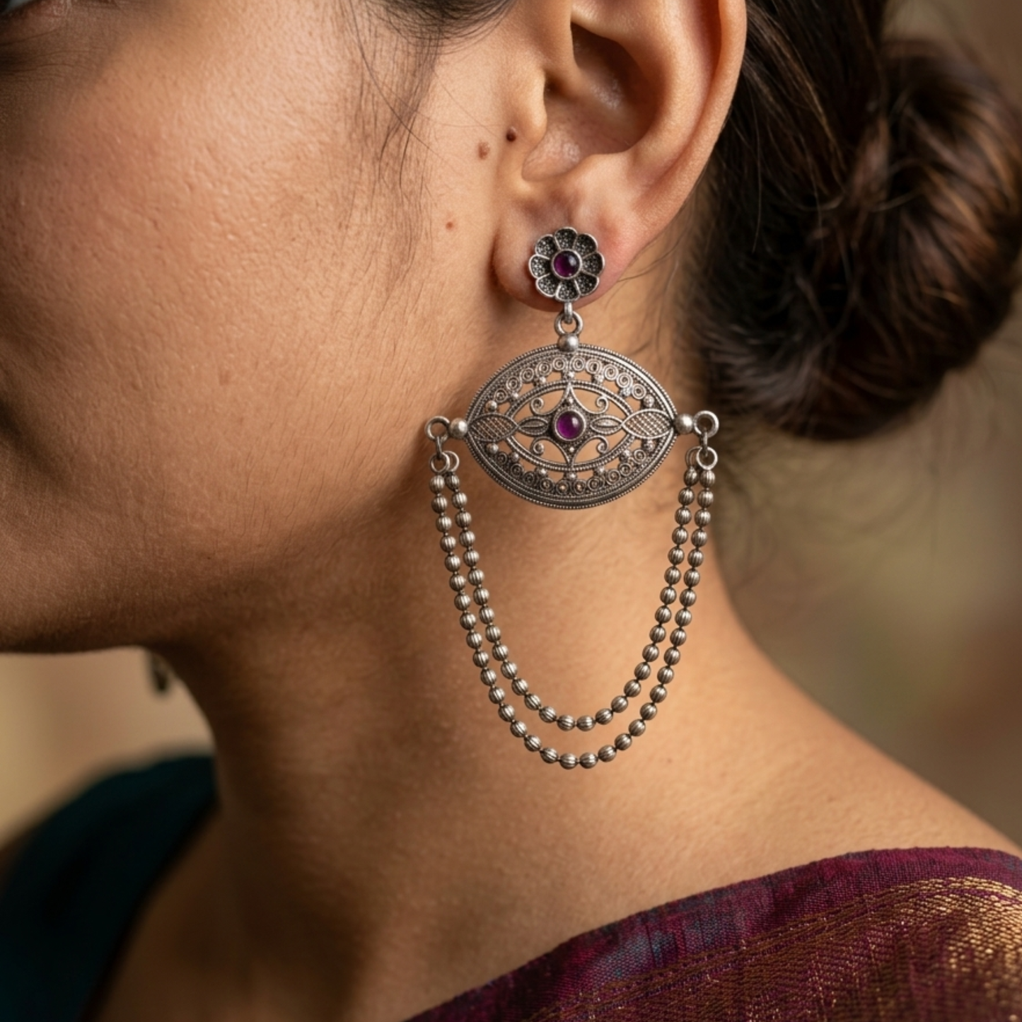 Antique Oxidized Silver Filigree Earrings with Ruby Accents & Double Beaded Chains | Bohemian Tribal Statement Jewelry