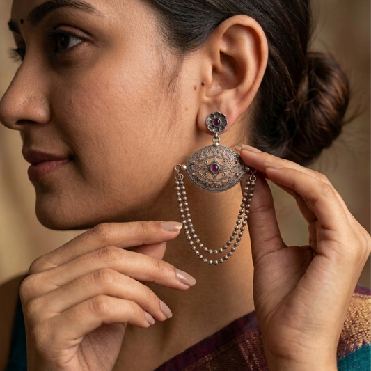Antique Oxidized Silver Filigree Earrings with Ruby Accents & Double Beaded Chains | Bohemian Tribal Statement Jewelry