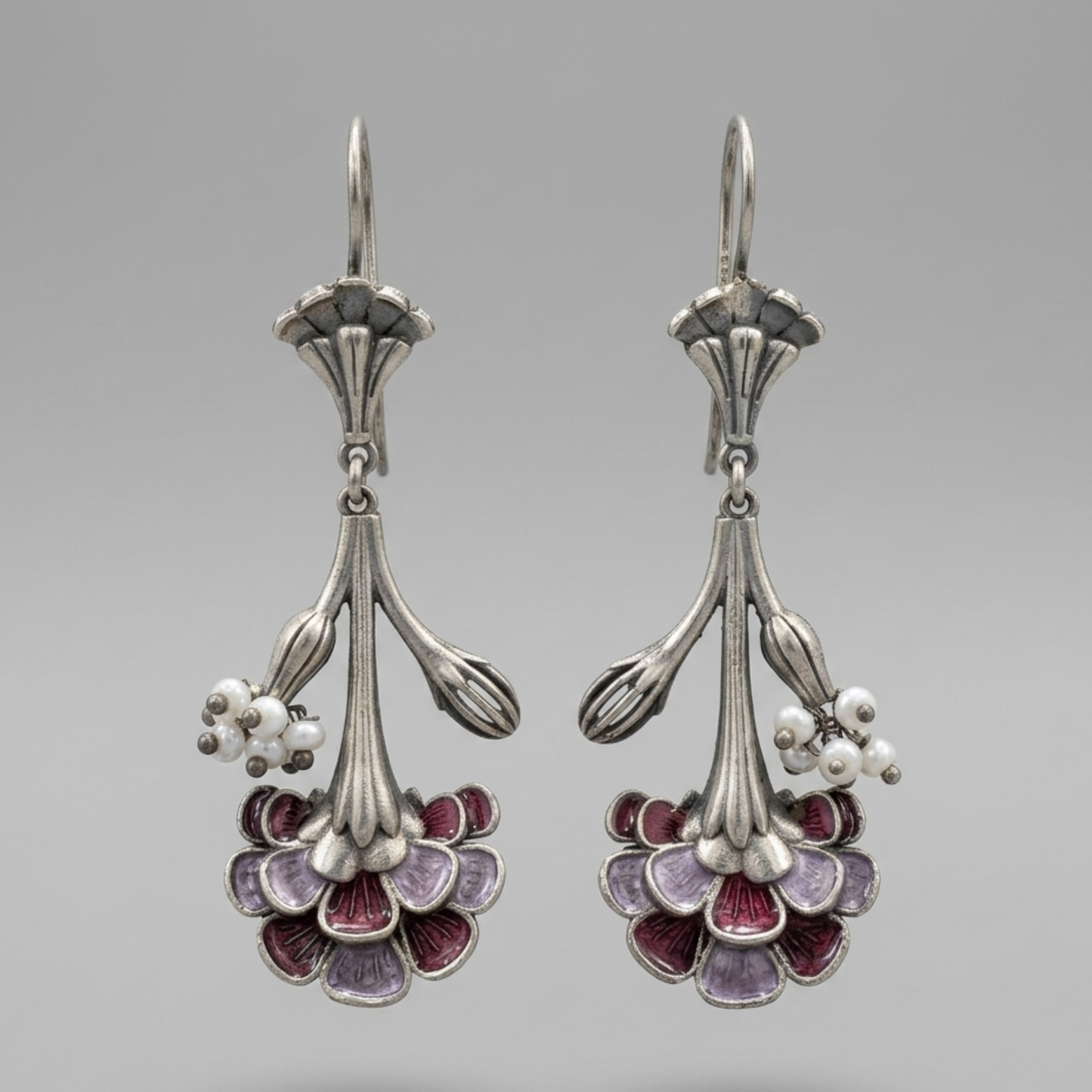 The Art Nouveau Floral Drops – Antique Silver & Hand-Painted Enamel