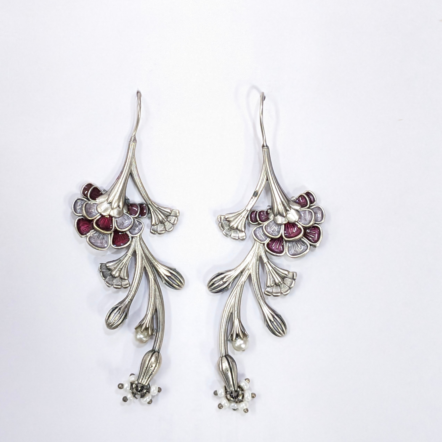 Floral Enamel Silver-Lookalike Drop Earrings with Pearl Accents