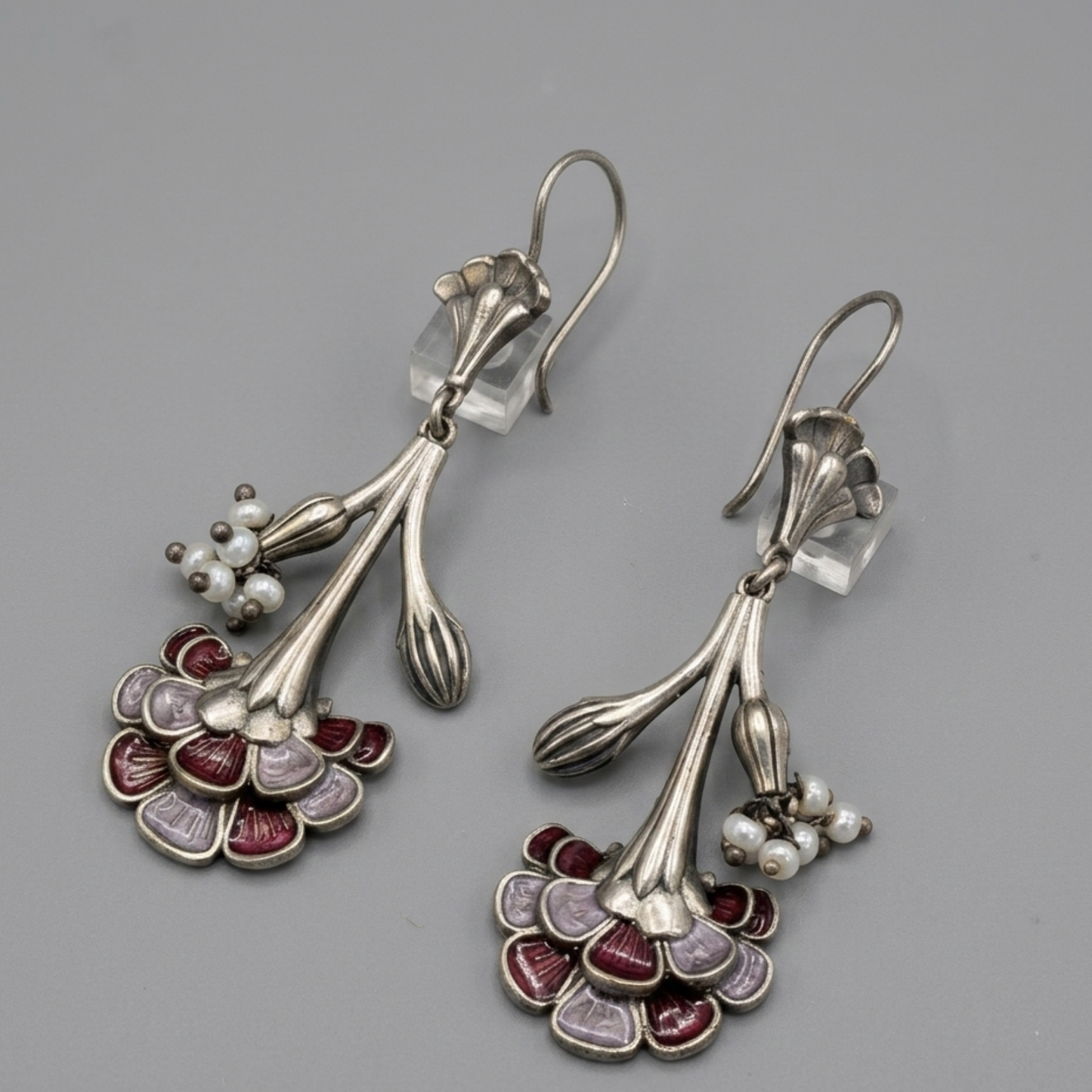 The Art Nouveau Floral Drops – Antique Silver & Hand-Painted Enamel
