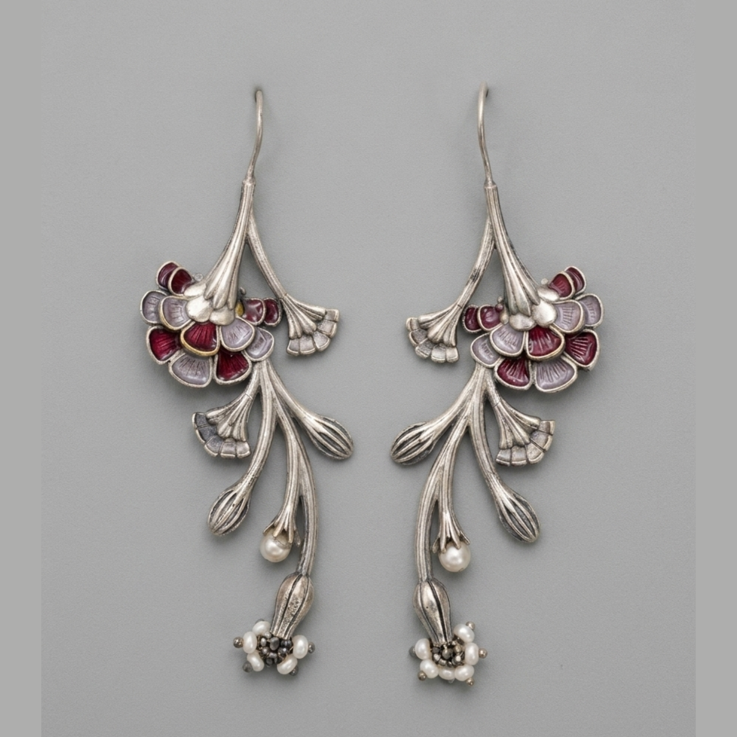 Floral Enamel Silver-Lookalike Drop Earrings with Pearl Accents