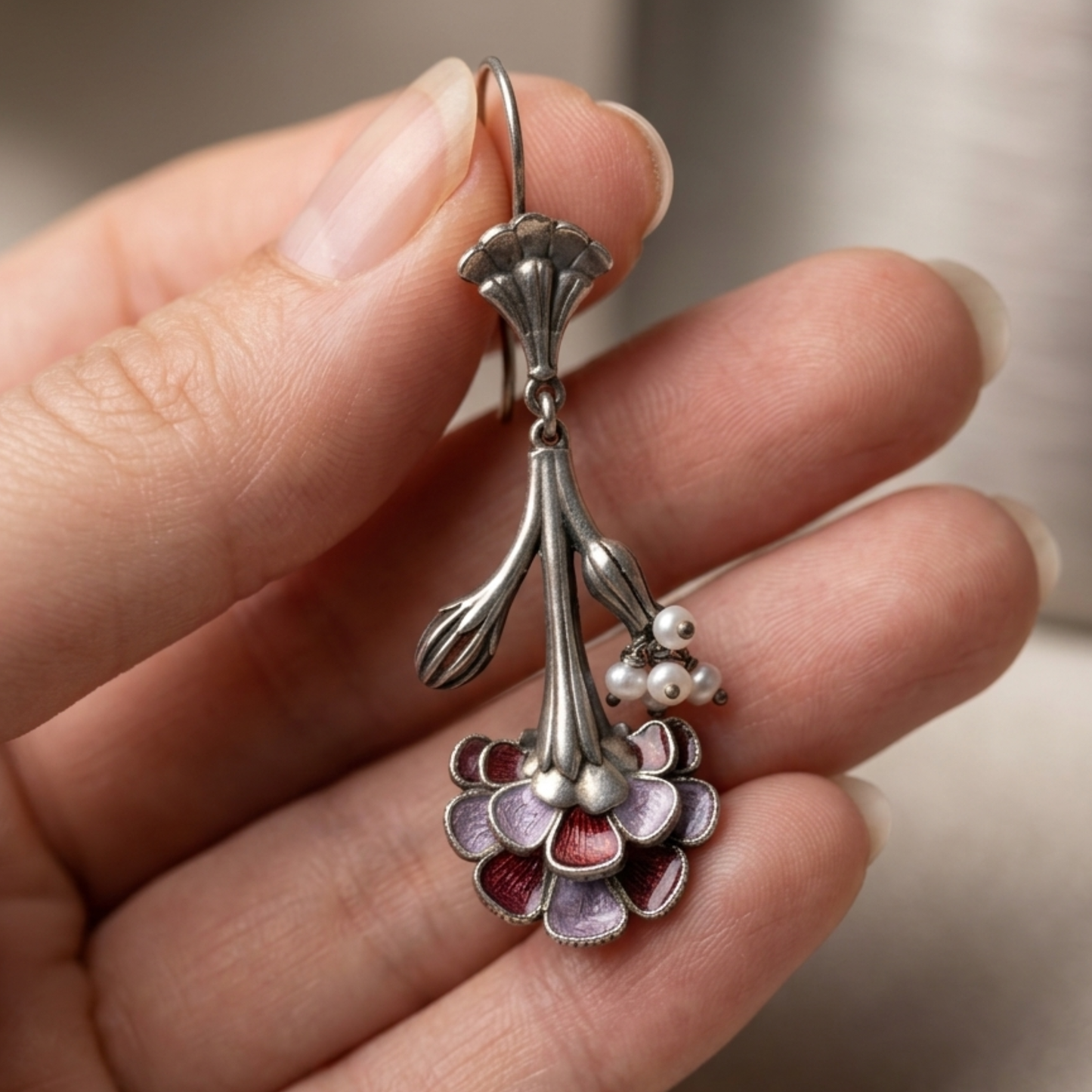 The Art Nouveau Floral Drops – Antique Silver & Hand-Painted Enamel