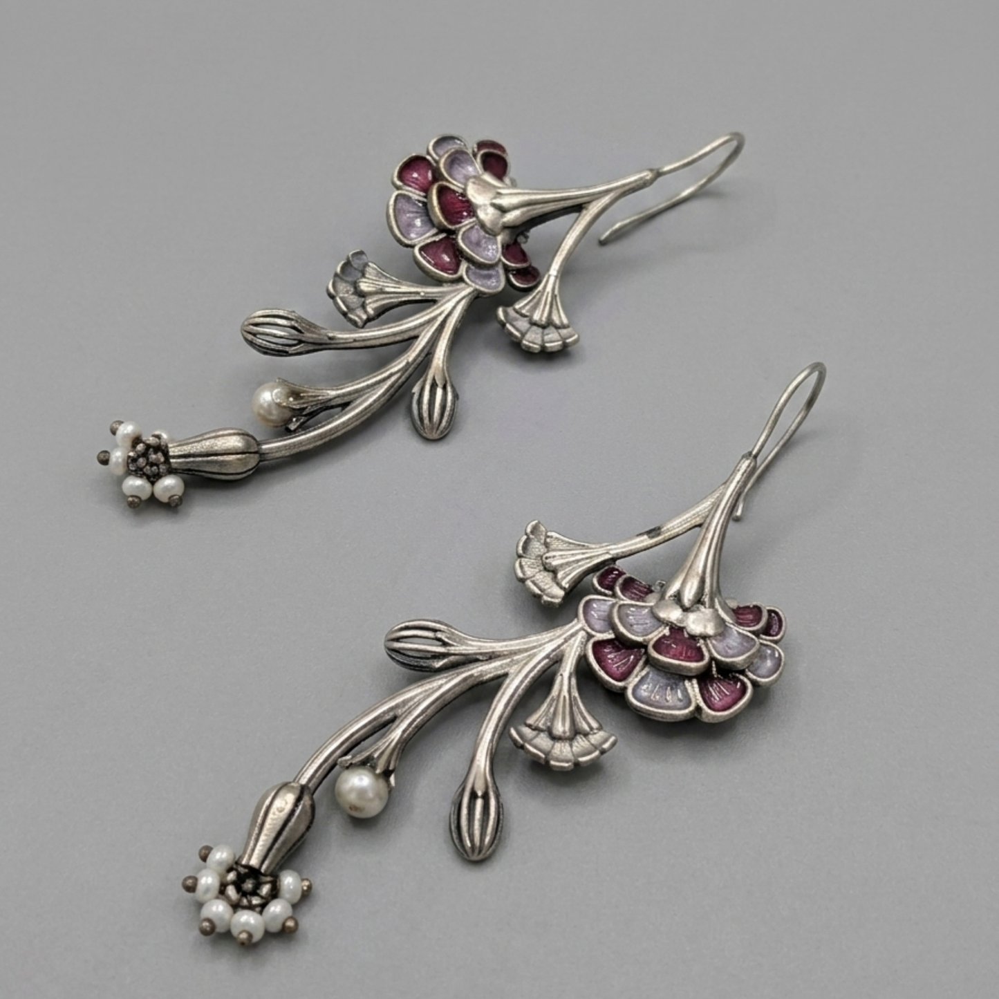 Floral Enamel Silver-Lookalike Drop Earrings with Pearl Accents