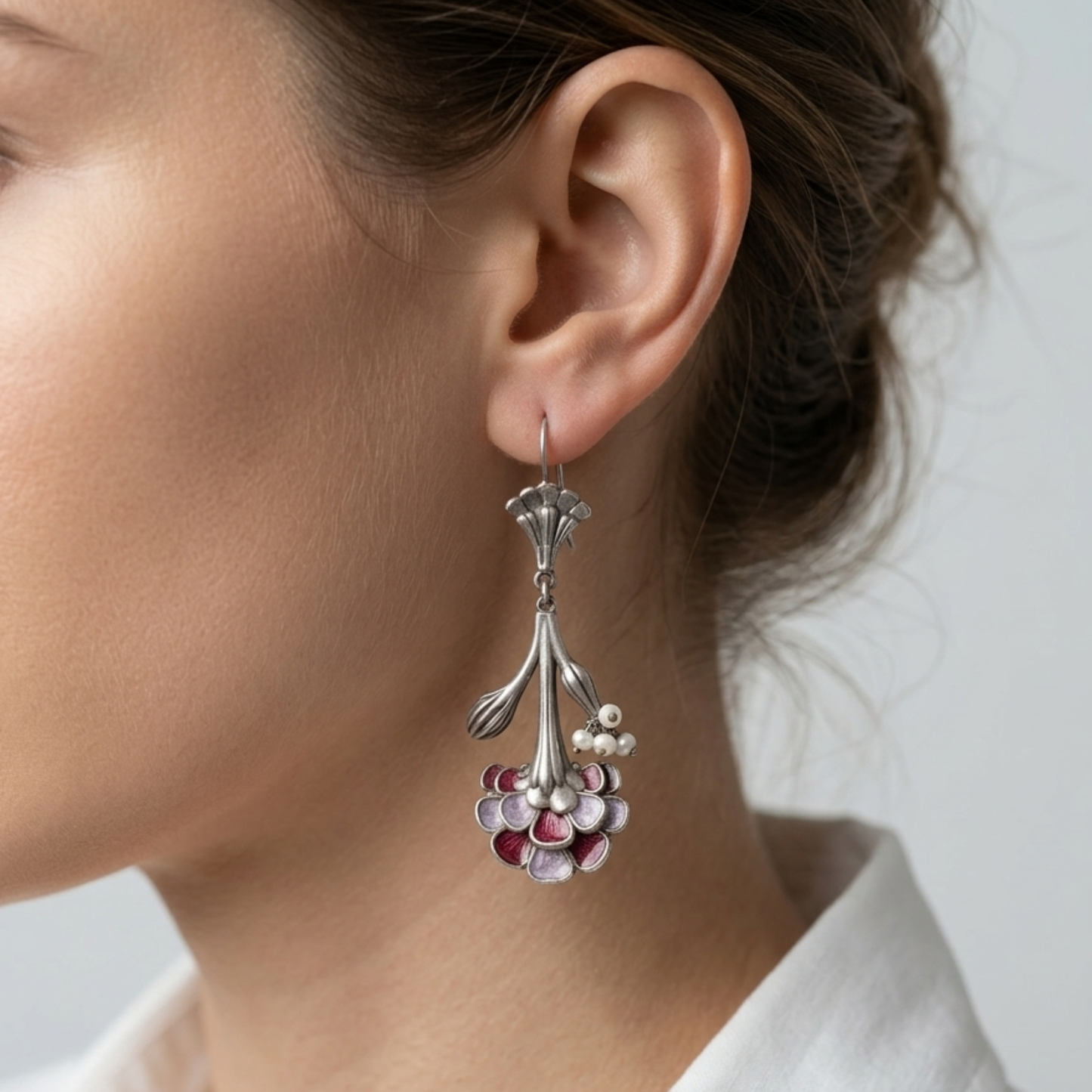 The Art Nouveau Floral Drops – Antique Silver & Hand-Painted Enamel