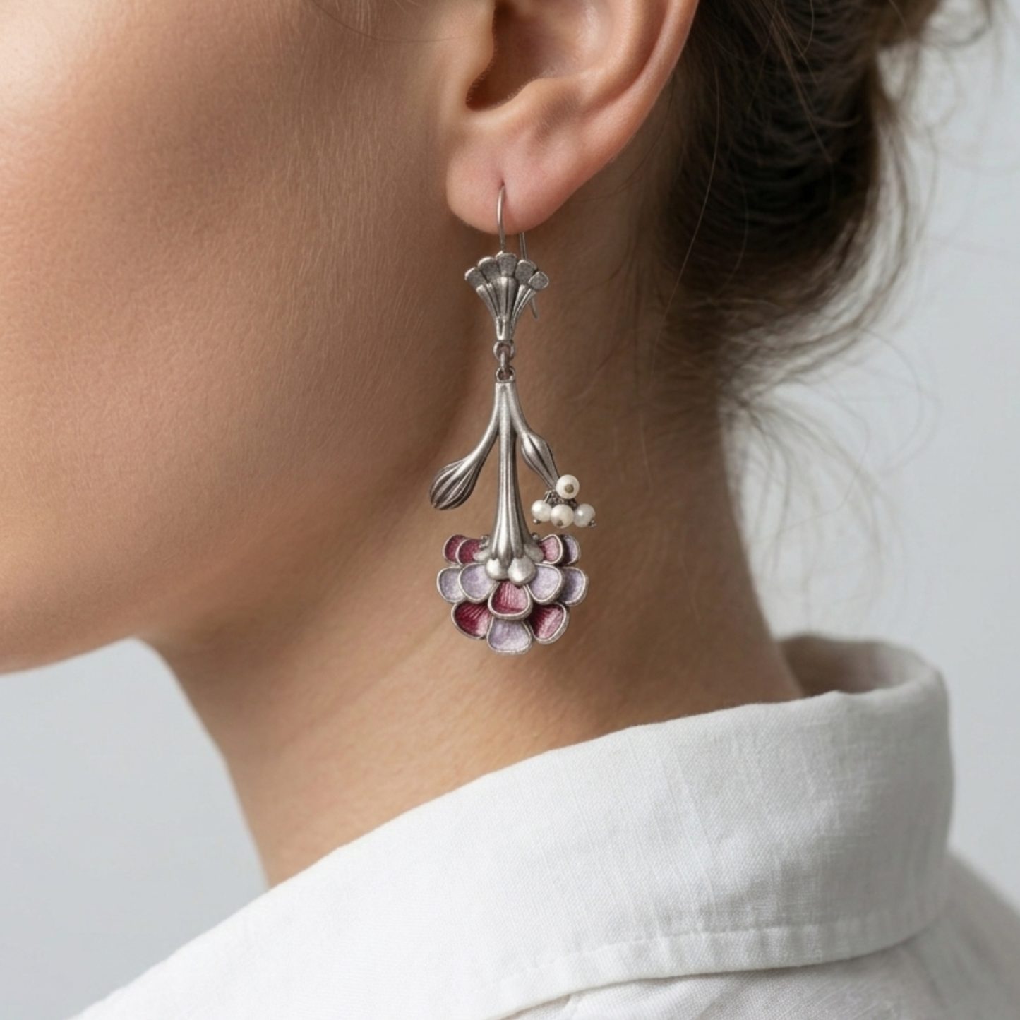 The Art Nouveau Floral Drops – Antique Silver & Hand-Painted Enamel