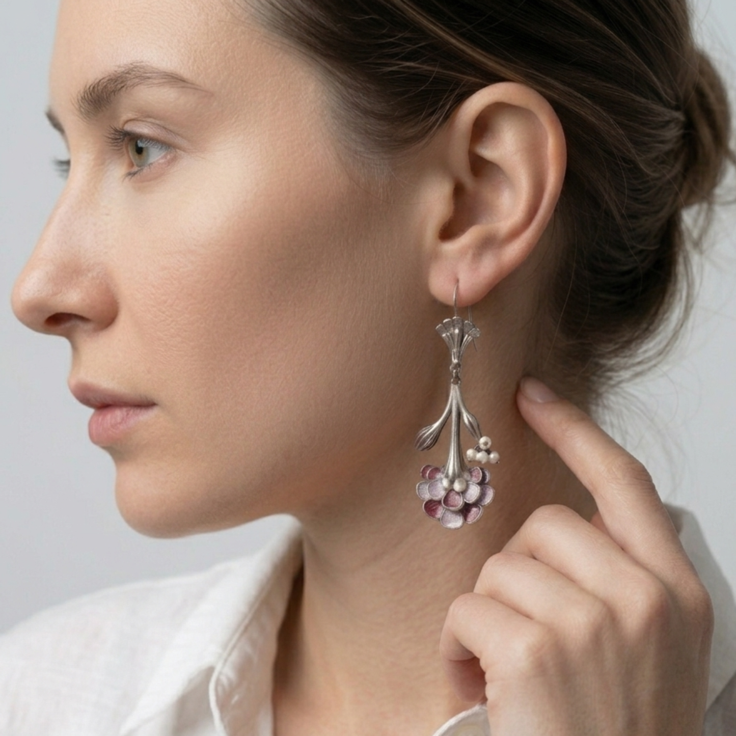 The Art Nouveau Floral Drops – Antique Silver & Hand-Painted Enamel