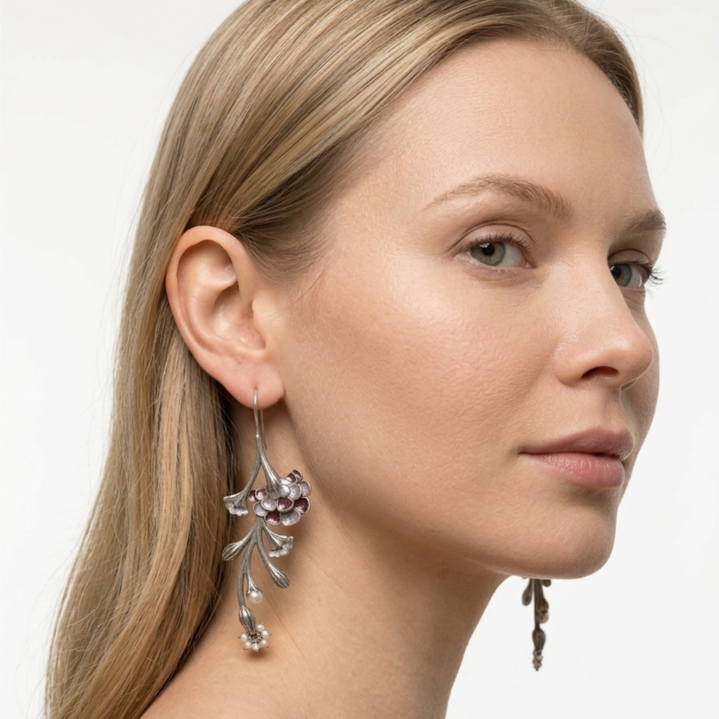 Floral Enamel Silver-Lookalike Drop Earrings with Pearl Accents