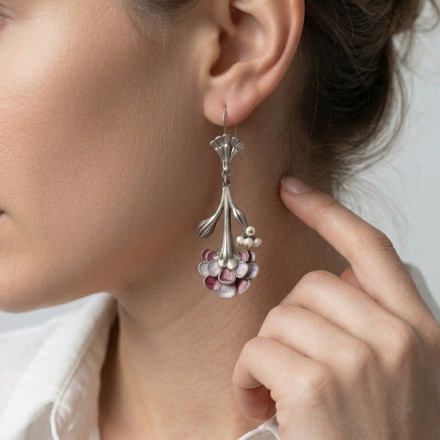The Art Nouveau Floral Drops – Antique Silver & Hand-Painted Enamel