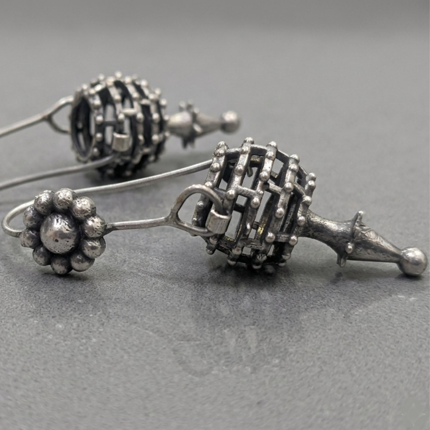 Regal Oxidized Silver Cage Drop Earrings | Artisan Statement Jewelry