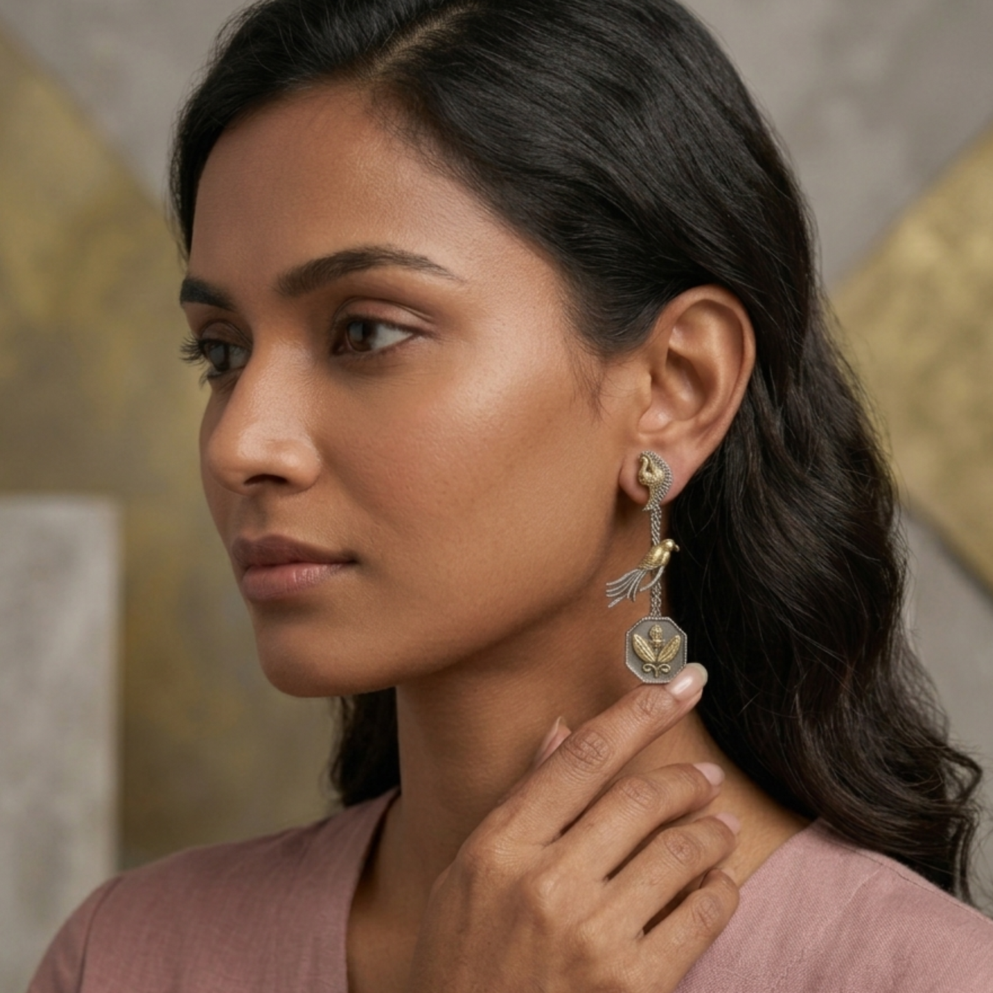 Handcrafted Dual-Tone Bird Motif Long Drop Earrings