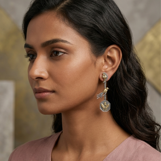Handcrafted Dual-Tone Bird Motif Long Drop Earrings