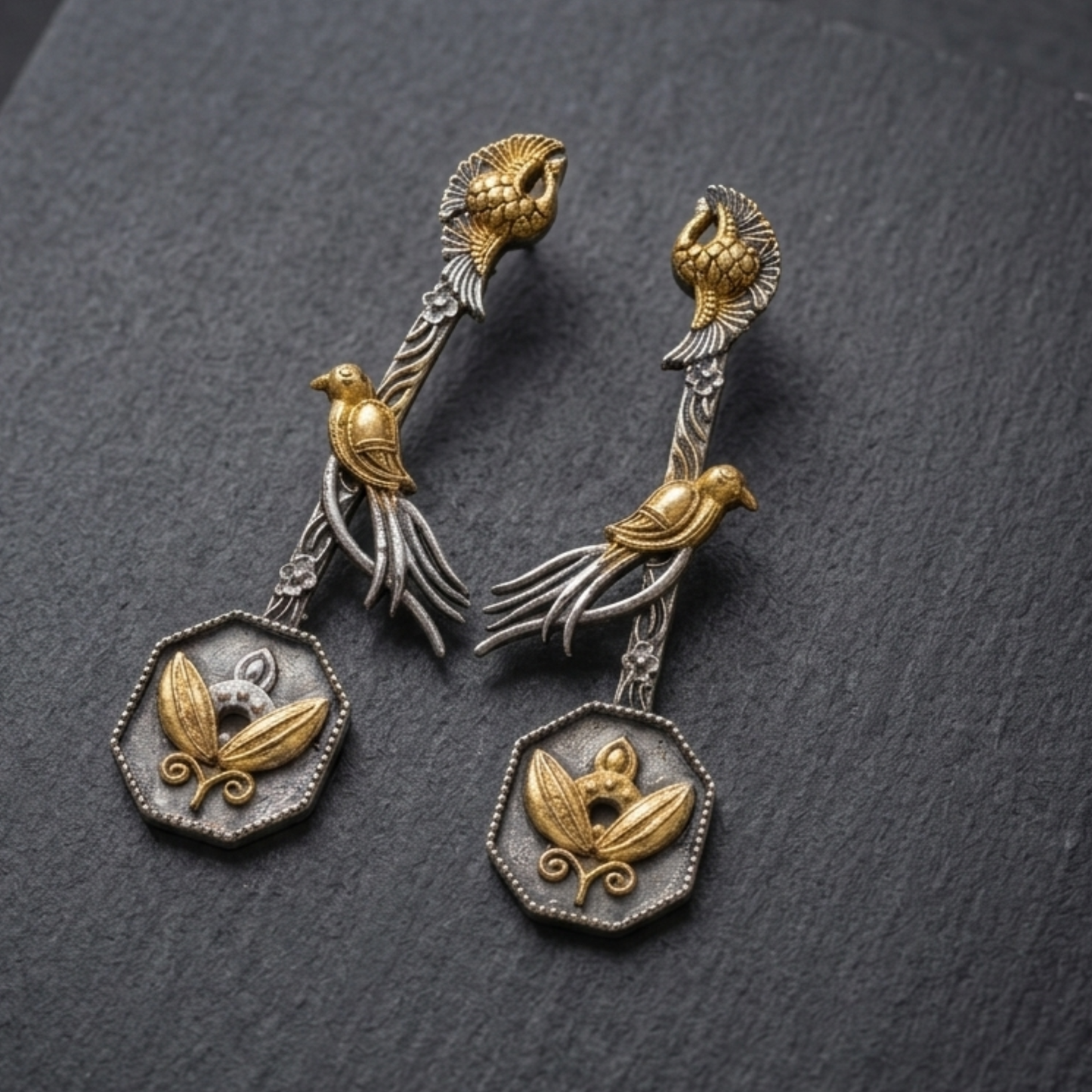 Handcrafted Dual-Tone Bird Motif Long Drop Earrings