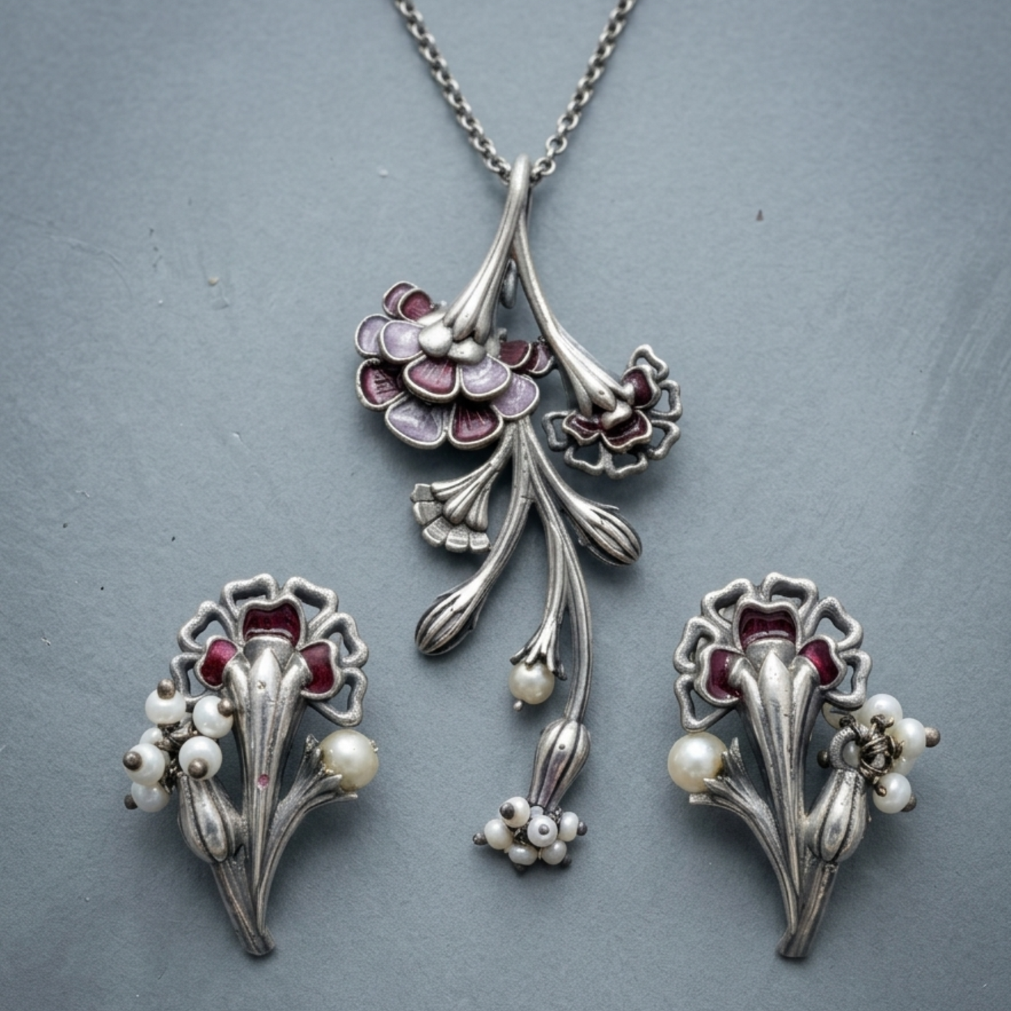 Vintage Floral Enamel & Pearl Pendant Set | Handcrafted Brass Jewelry
