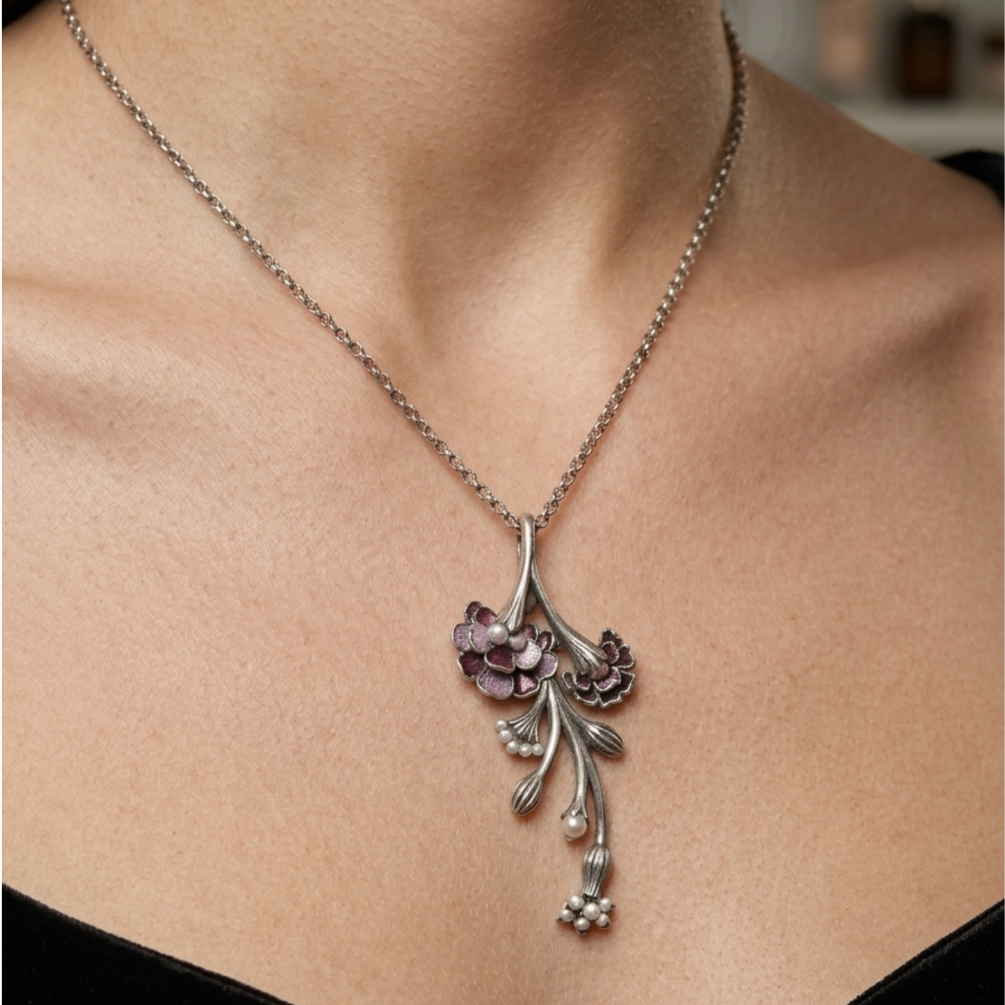 Vintage Floral Enamel & Pearl Pendant Set | Handcrafted Brass Jewelry