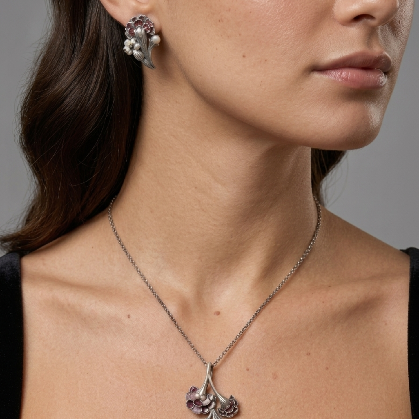 Vintage Floral Enamel & Pearl Pendant Set | Handcrafted Brass Jewelry
