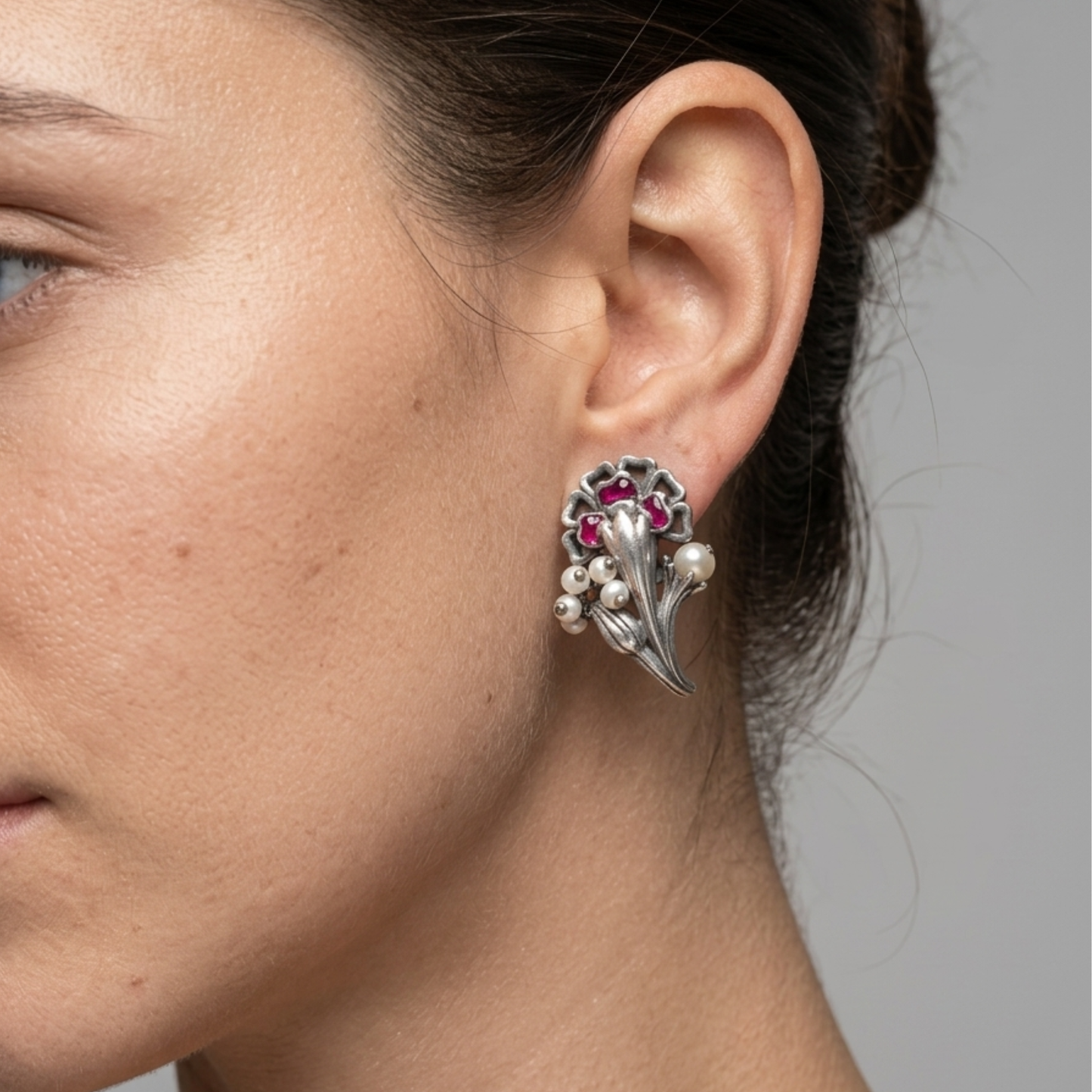 Vintage Floral Enamel & Pearl Pendant Set | Handcrafted Brass Jewelry