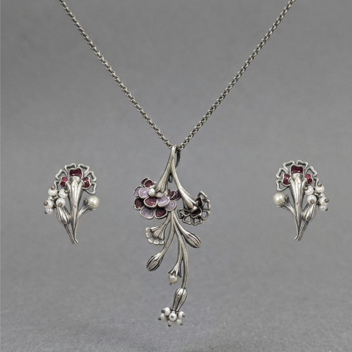 Vintage Floral Enamel & Pearl Pendant Set | Handcrafted Brass Jewelry
