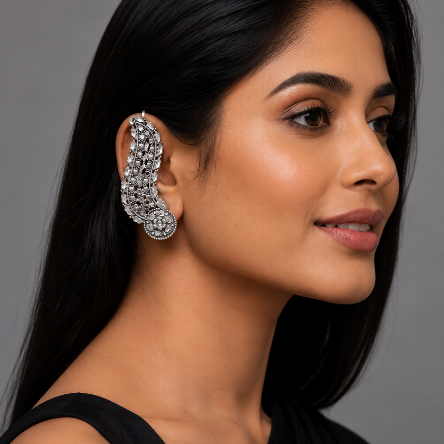 Dulcett Oxidised Silver Ear Cuff Earrings for Women | Non-Pierced Ear Cuffs Without Piercing | Floral Leaf Ear Wrap Design | Statement Ethnic & Contemporary Fashion Jewellery