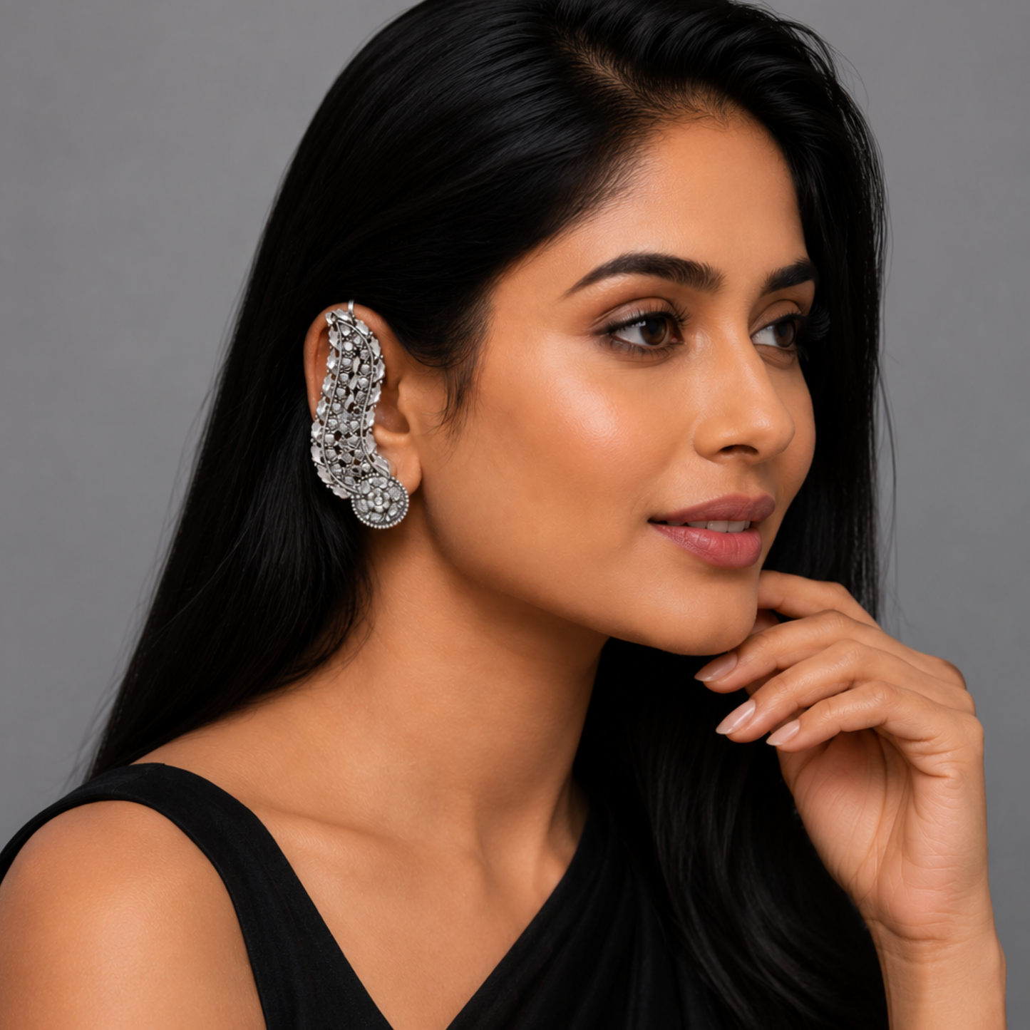 Dulcett Oxidised Silver Ear Cuff Earrings for Women | Non-Pierced Ear Cuffs Without Piercing | Floral Leaf Ear Wrap Design | Statement Ethnic & Contemporary Fashion Jewellery