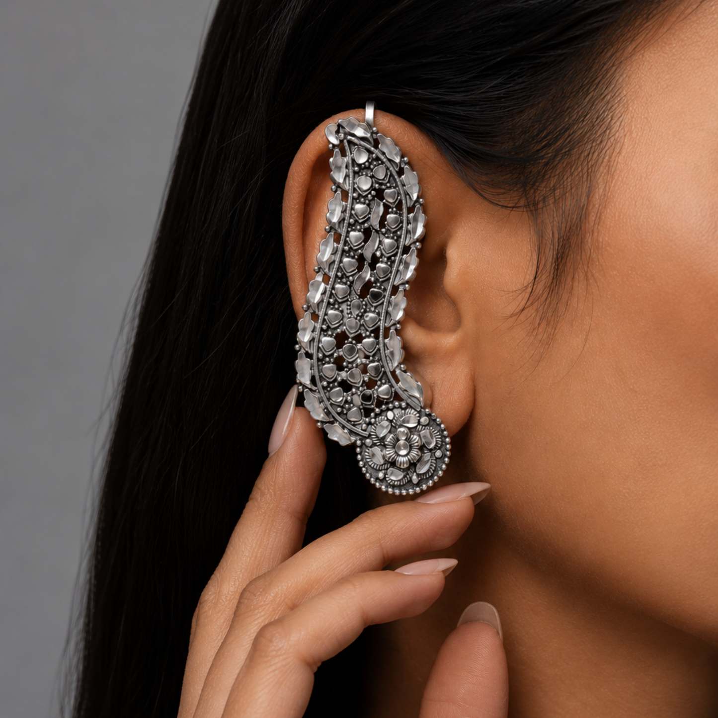 Dulcett Oxidised Silver Ear Cuff Earrings for Women | Non-Pierced Ear Cuffs Without Piercing | Floral Leaf Ear Wrap Design | Statement Ethnic & Contemporary Fashion Jewellery