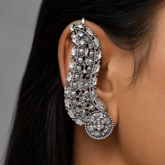 Dulcett Oxidised Silver Ear Cuff Earrings for Women | Non-Pierced Ear Cuffs Without Piercing | Floral Leaf Ear Wrap Design | Statement Ethnic & Contemporary Fashion Jewellery