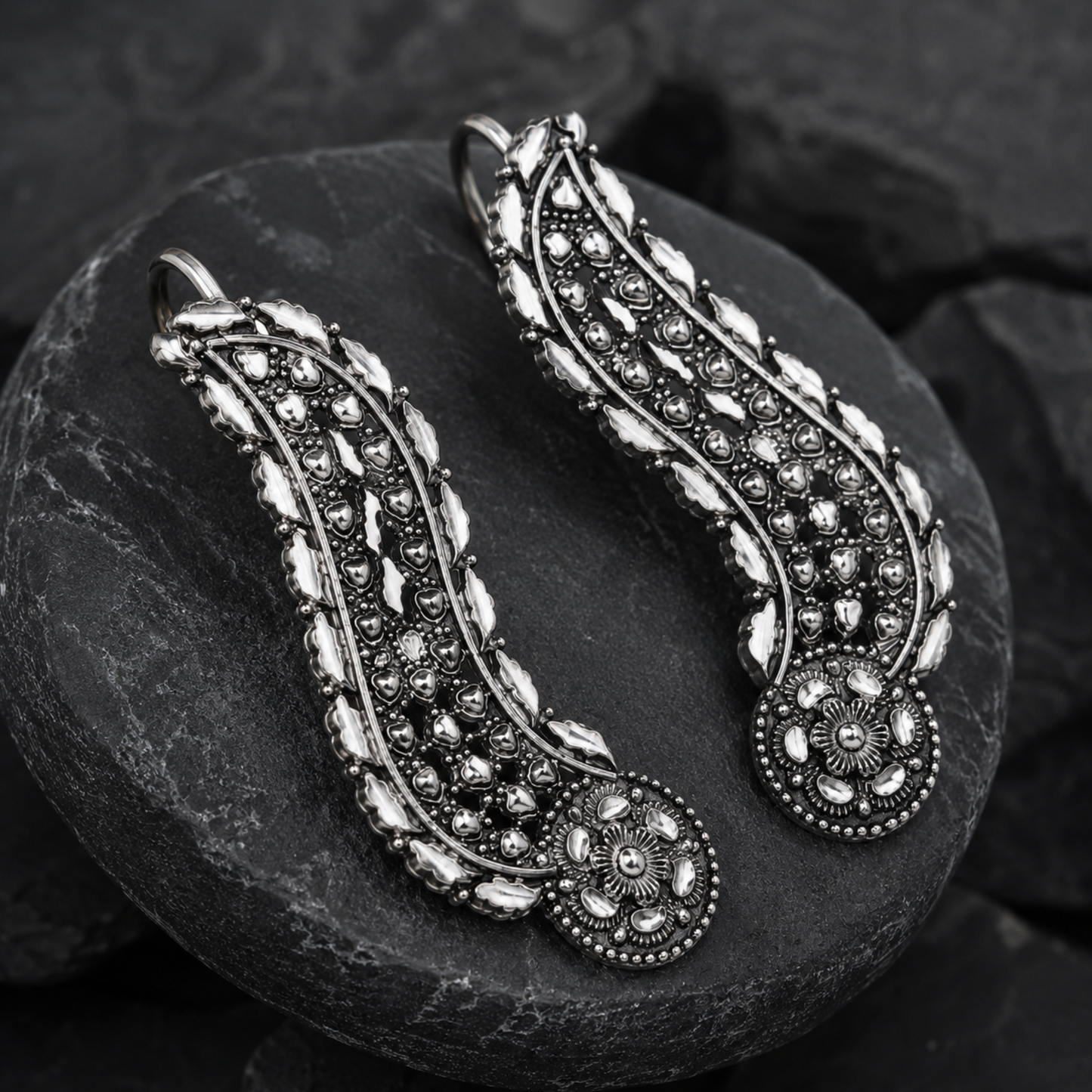 Dulcett Oxidised Silver Ear Cuff Earrings for Women | Non-Pierced Ear Cuffs Without Piercing | Floral Leaf Ear Wrap Design | Statement Ethnic & Contemporary Fashion Jewellery