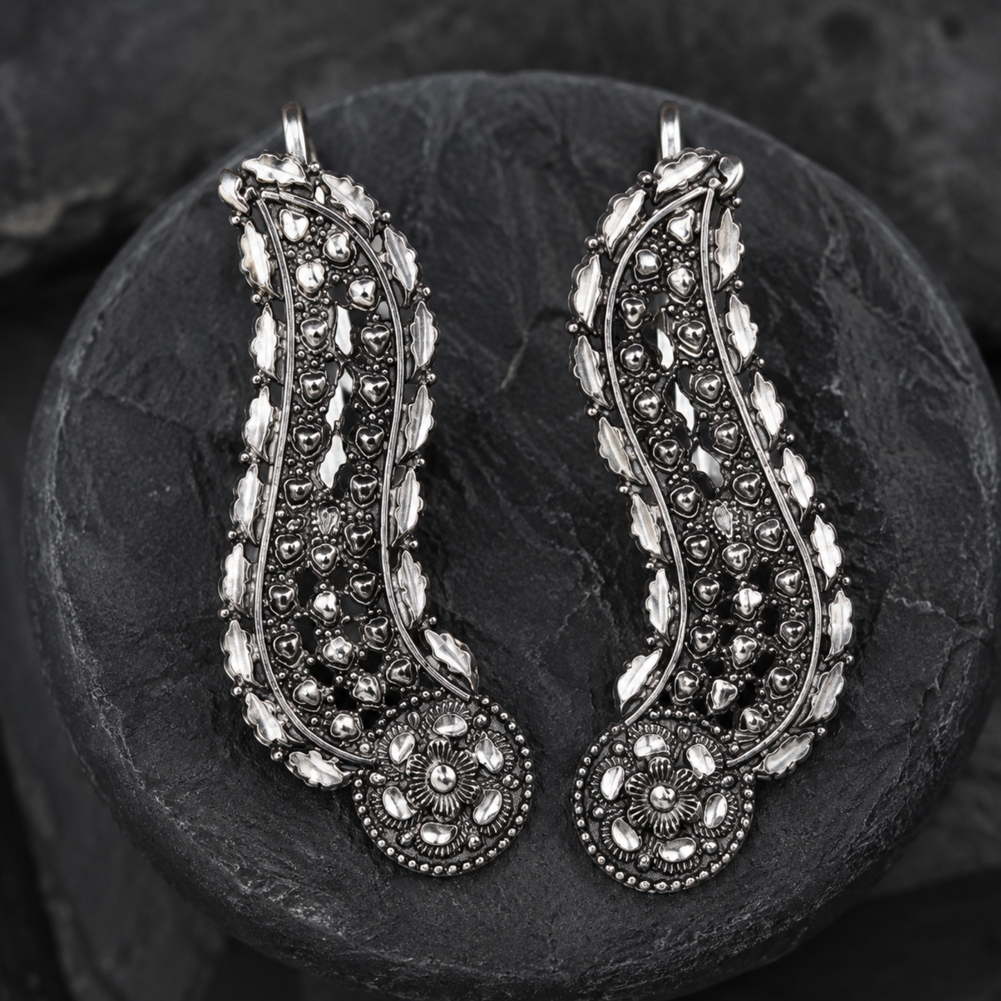 Dulcett Oxidised Silver Ear Cuff Earrings for Women | Non-Pierced Ear Cuffs Without Piercing | Floral Leaf Ear Wrap Design | Statement Ethnic & Contemporary Fashion Jewellery