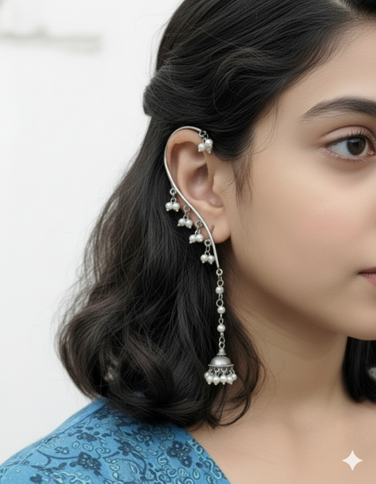 Oxidized Silver Pearl Jhumka Ear Cuffs