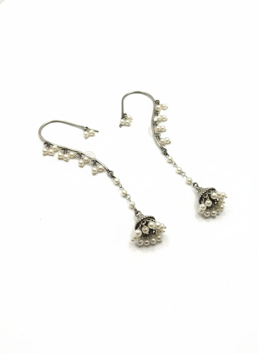 Oxidized Silver Pearl Jhumka Ear Cuffs