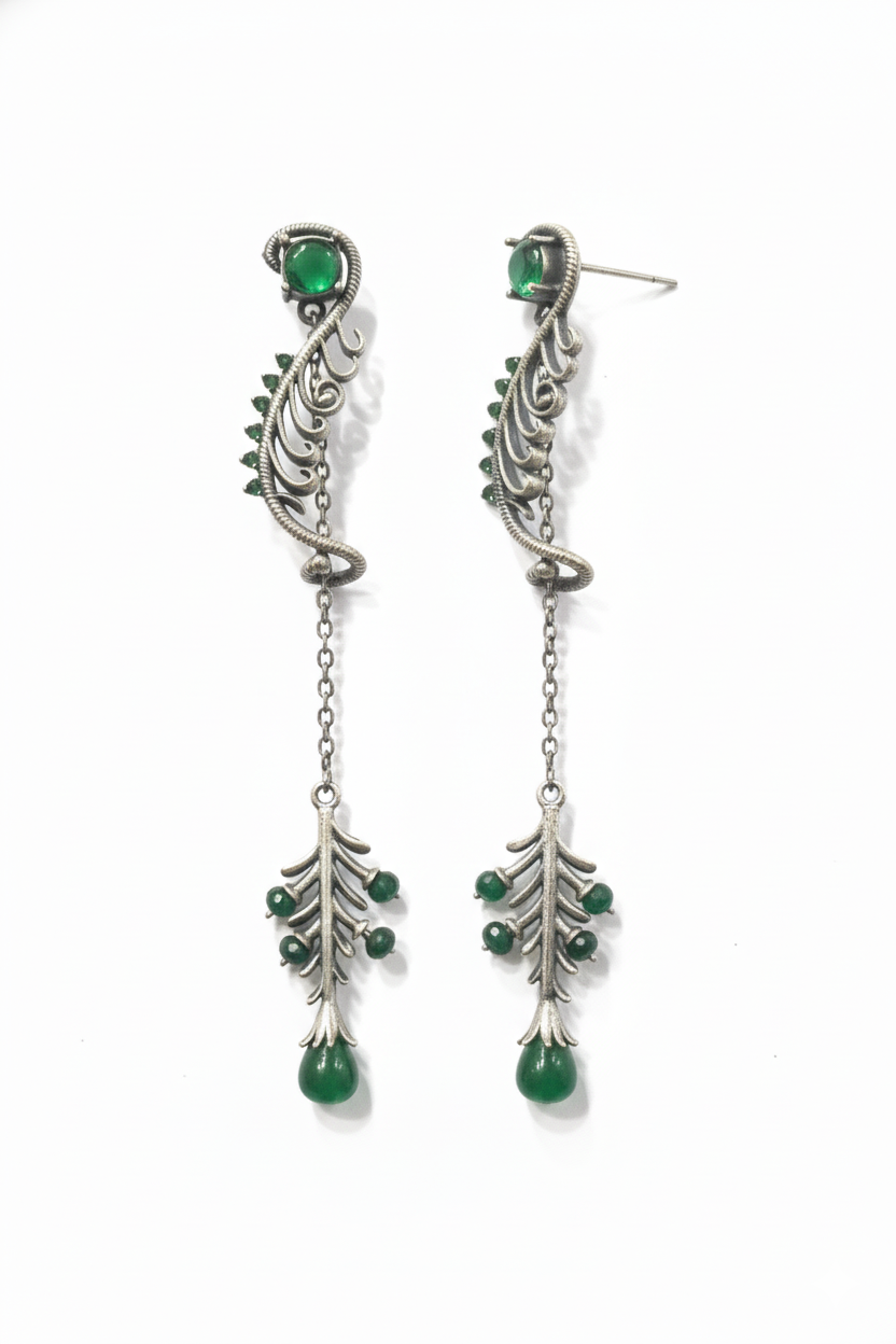 Artisan Oxidized Brass Leaf Dangle Earrings with Green Gemstones | Bohemian Vintage Long Drop Jewelry