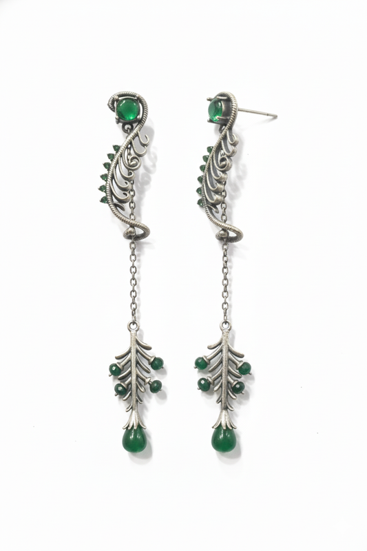 Artisan Oxidized Brass Leaf Dangle Earrings with Green Gemstones | Bohemian Vintage Long Drop Jewelry