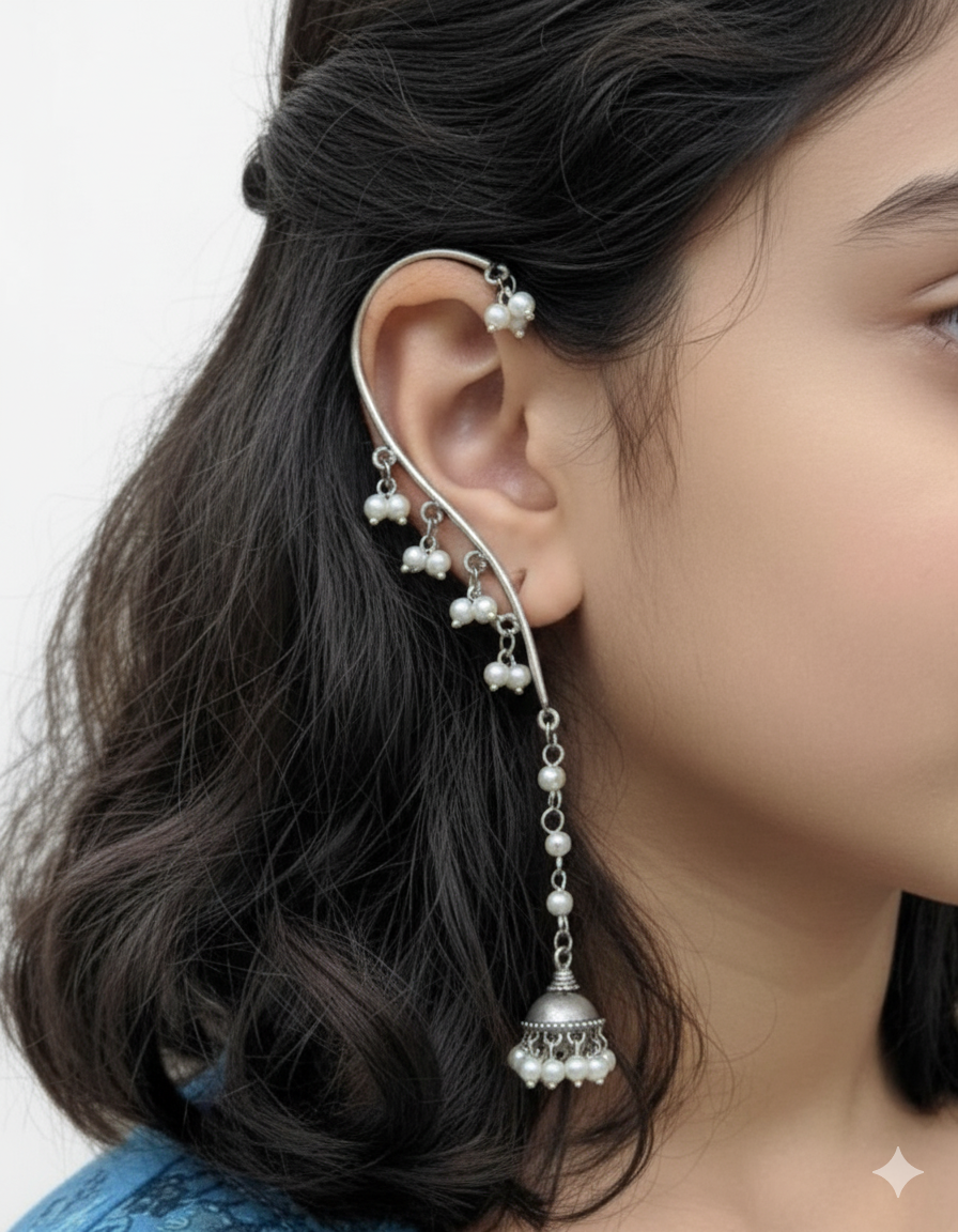 Oxidized Silver Pearl Jhumka Ear Cuffs
