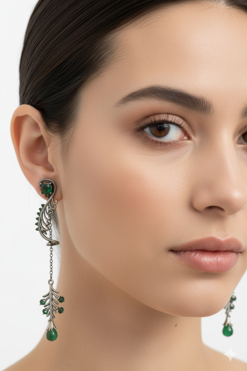 Artisan Oxidized Brass Leaf Dangle Earrings with Green Gemstones | Bohemian Vintage Long Drop Jewelry