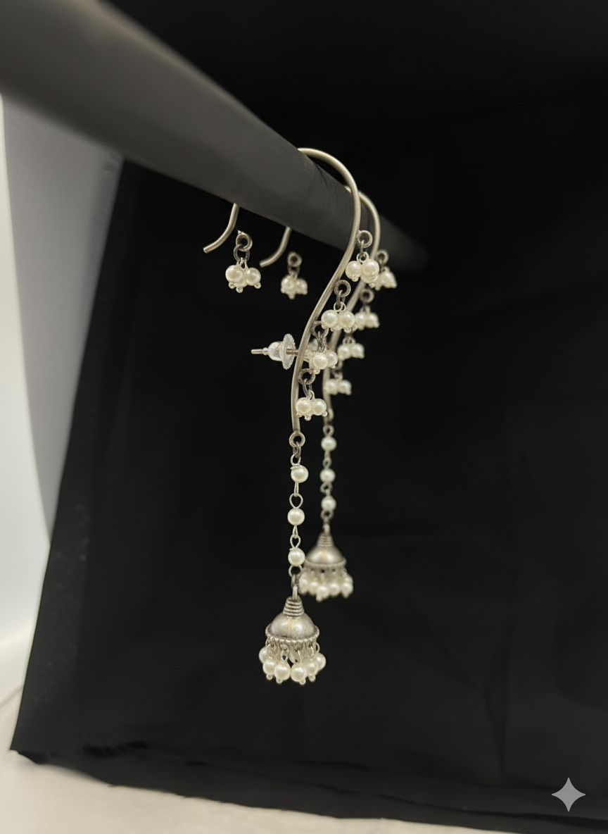 Oxidized Silver Pearl Jhumka Ear Cuffs