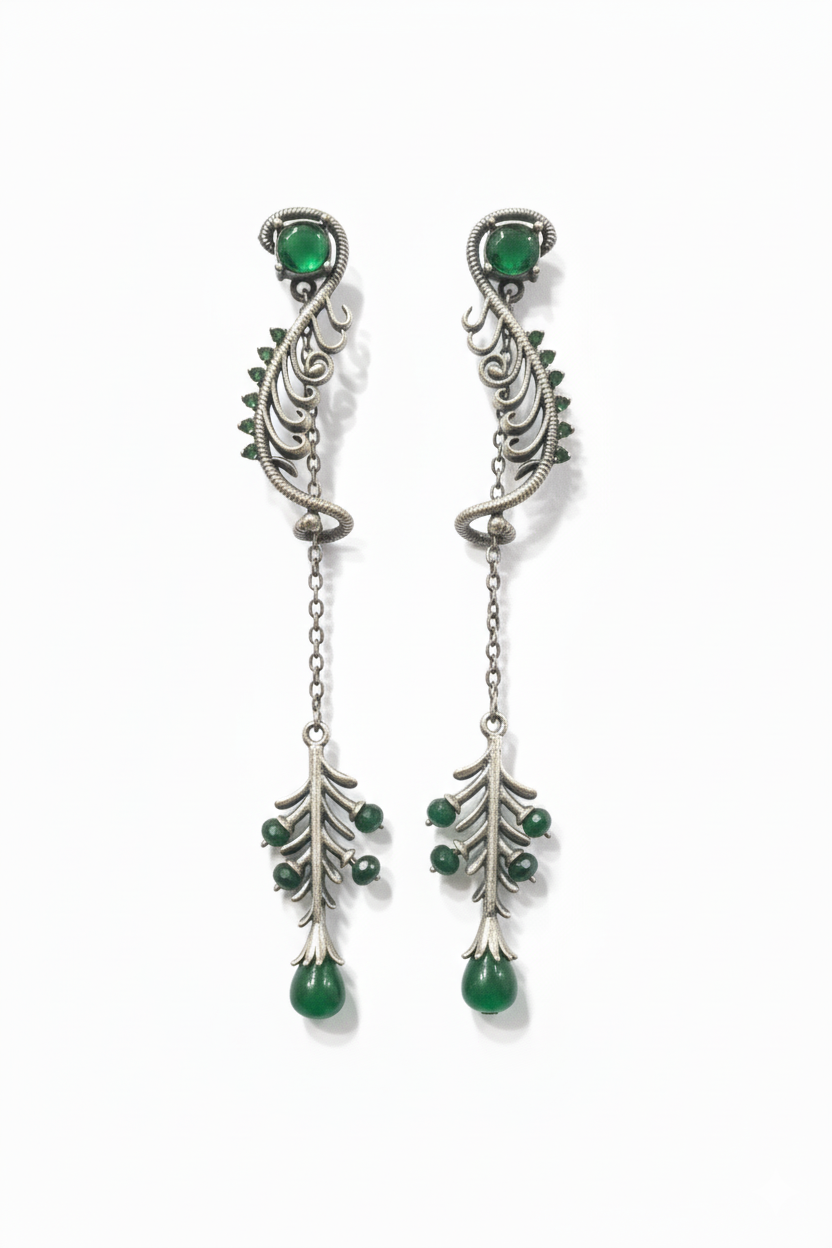 Artisan Oxidized Brass Leaf Dangle Earrings with Green Gemstones | Bohemian Vintage Long Drop Jewelry