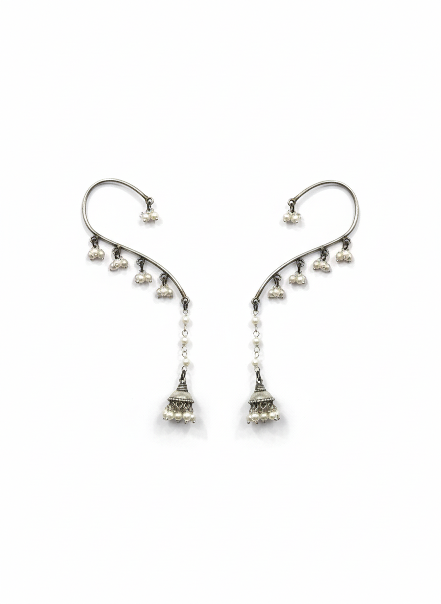 Oxidized Silver Pearl Jhumka Ear Cuffs