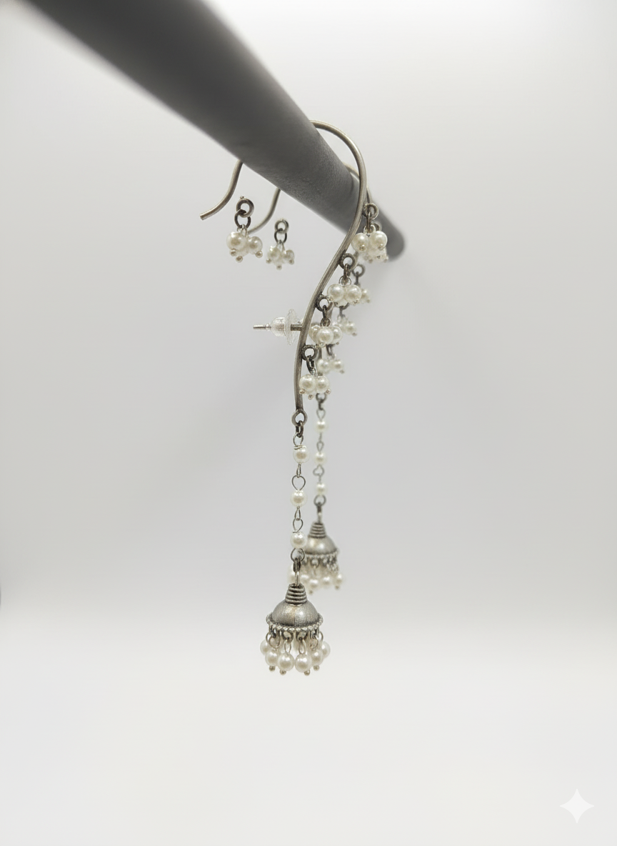 Oxidized Silver Pearl Jhumka Ear Cuffs
