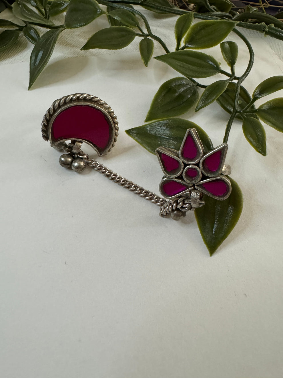 Afghani Mirror Glass Pink Double Finger Rings