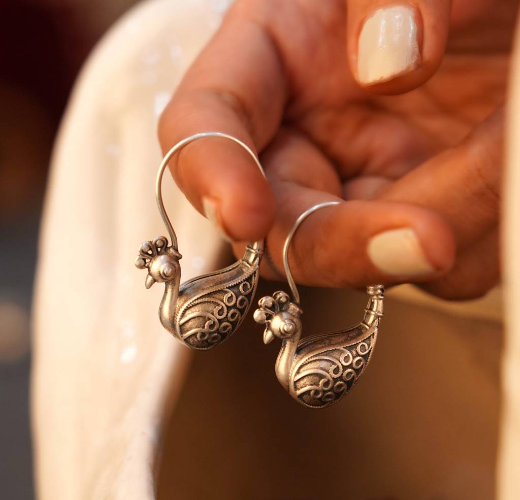 Peacock shape bali, Oxidised Silver Plated Bird Earrings , Traditional Bird Earrings